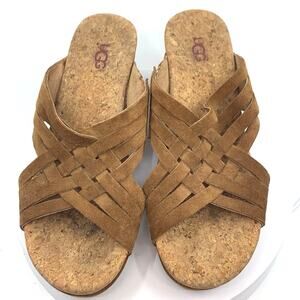 UGG Women's Lilah Tan Suede Leather Criss Cross Cork Wedge Sandals - 8